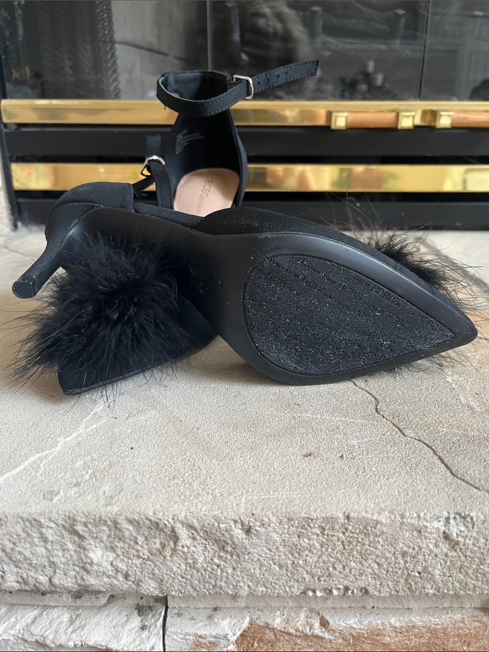 BCBGeneration Black Pointed-Toe Ankle-Strap Heels with Pom Pom - Picture 6 of 6